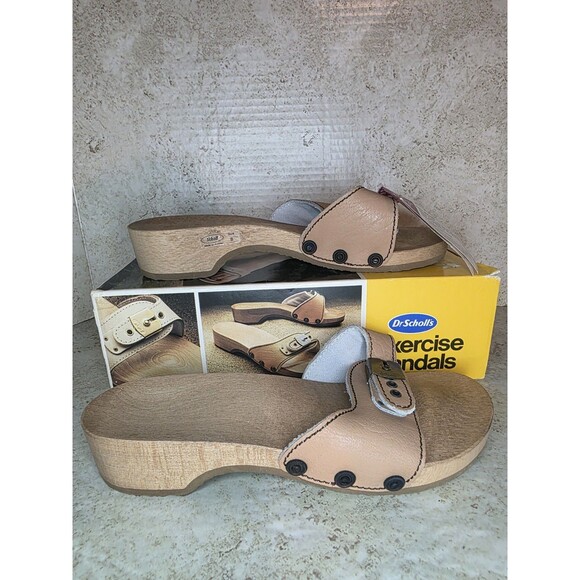 Dr. Scholls Vintage 80s Women Sz 8 Original Wood Slip On Exercise Buckle Sandals - Picture 1 of 10